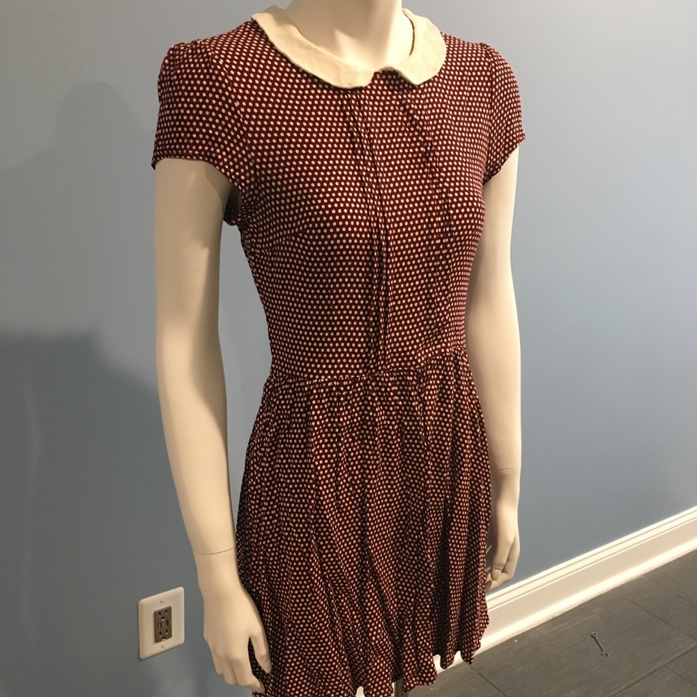 Maroon and White Collared Short Polkadot Dress